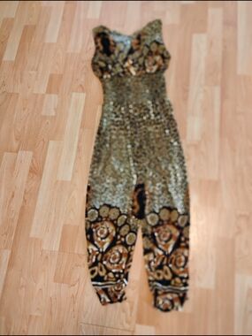 Strapless Patterned Jumpsuit in Gold and Black